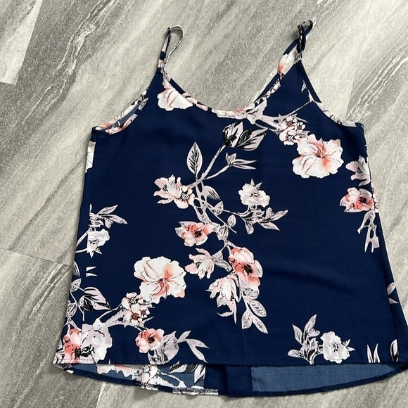 Floral navy blue, white, & pink button down tank top Large adjustable straps - Picture 7 of 12
